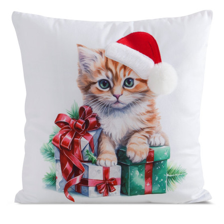 Poszewka świąteczna 45x45 cm – welwetowa ze świątecznym nadrukiem kota