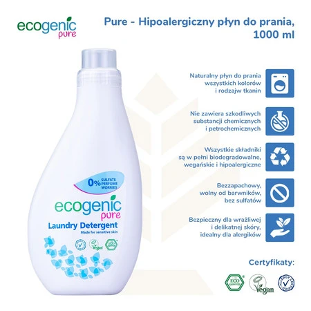 Ecogenic Pure, Hipoalergiczny płyn do prania, bezzapachowy, 1000 ml
