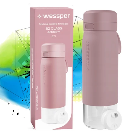 Wessper Butelka szklana na wodę filtrująca GLASS Actitex różowa 700 ml
