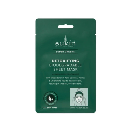 Sukin, SUPER GREENS Biodegradowalna, detoksykująca maska w płachcie, 25 ml