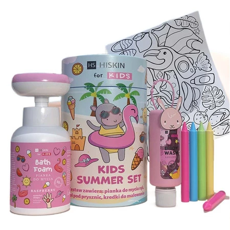 Kids Summer Pink zestaw płyn do kąpieli 75ml + pianka do mycia 300ml + kredki 5szt + kolorowanka