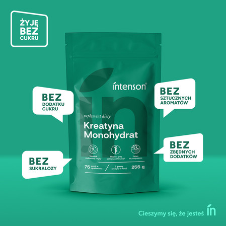 Zestaw Intenson Kreatyna: 1x Monohydrat 255g pure, 1x Monohydrat smak mango-marakuja 260g i 1x Monohydrat smak truskawka-arbuz 260g