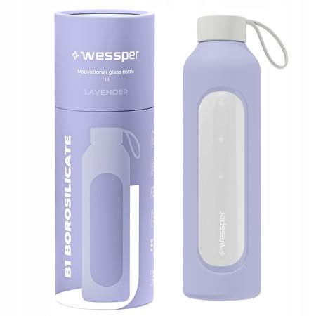 Wessper Butelka na wodę szklana motywacyjna z miarką BOROSILICATE lawendowa 1000 ml