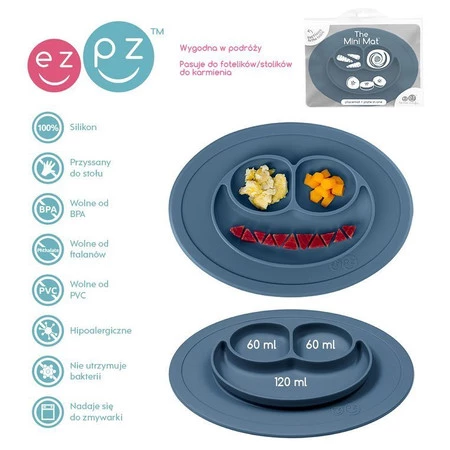 EZPZ Silikonowy talerzyk z podkładką mały 2w1 Mini Mat ciemny niebieski