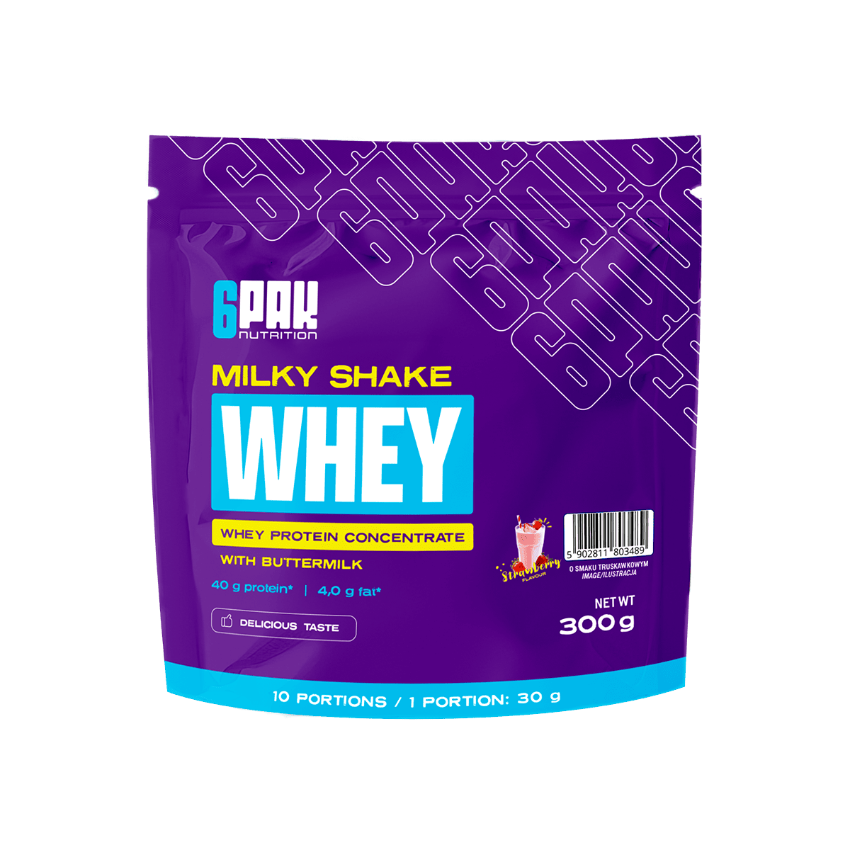 6PAK MILKY SHAKE WHEY odżywka białkowa WPC 300 g smak truskawka - Nabea.pl