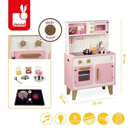 Janod Duża kuchnia drewniana z dźwiękiem i 6 akcesoriami Candy Chic