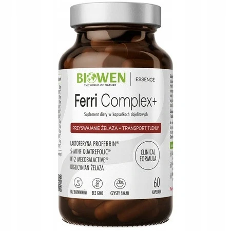 Biowen FerriComplex+ Diglicynian Żelaza Laktoferyna + Witamina B12 - 60 kaps.