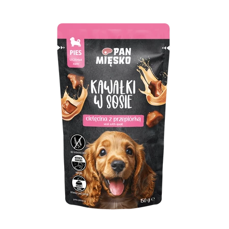 Pan Mięsko  Kawałki w sosie Cielęcina z przepiórką - Karma mokra dla psa - szczeniaka - 150g