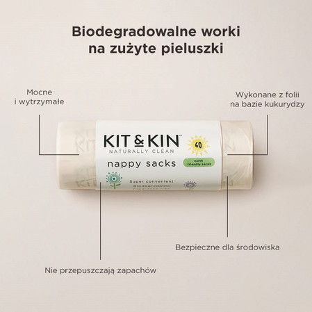 Kit & Kin, Biodegradowalne i bezzapachowe worki na zużyte pieluszki, 60 szt.