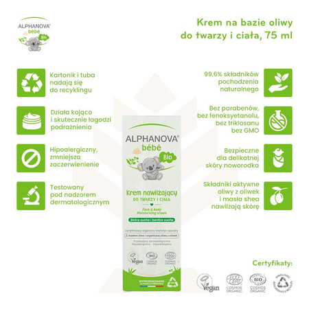 Alphanova Bebe Bio, Nawilżający krem do twarzy i ciała na bazie oliwy, do skóry suchej i atopowej, 75 ml