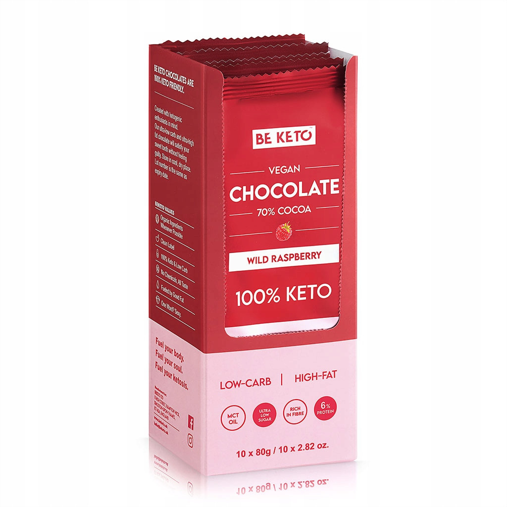 BeKeto Wegańska Keto Czekolada z olejem MCT Dzika Malina 80g x10 - Nabea.pl