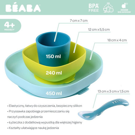 Beaba, Komplet naczyń z silikonu z przyssawką, blue