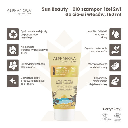 Alphanova Sun Beauty, Bio Szampon i żel 2w1 do ciała i włosów, 150 ml