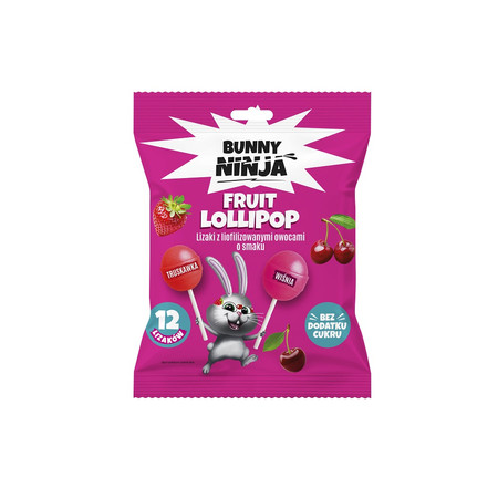 Bunny Ninja LOLLI POP Lizaki kulki o smakach truskawki i wiśni 120g zero cukru