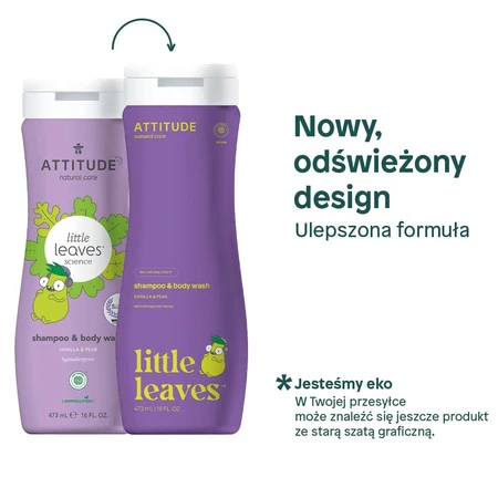 Attitude LITTLE LEAVES™, Szampon i żel do mycia ciała dla dzieci, wanilia i gruszka, 473 ml