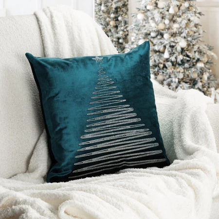 Świąteczna poszewka dekoracyjna z błyszczącym wzorem i ozdobną lamówką, rozm.: 45 x 45 cm, kolor zielony