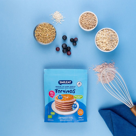 Smileat, BIO Tortitas, Mieszanka z pełnoziarnistych płatków owsianych i jagód do naleśników , +8m, 125g