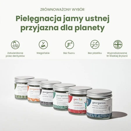 Georganics, Mineralna pasta do zębów w słoiku, bez fluoru, do codziennej pielęgnacji, smak drzewa herbacianego, 60 ml