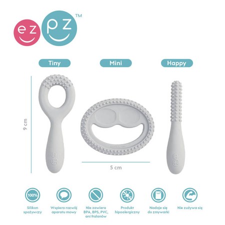 EZPZ Zestaw silikonowych gryzaków sensomotorycznych Oral Development Tools pastelowa szarość
