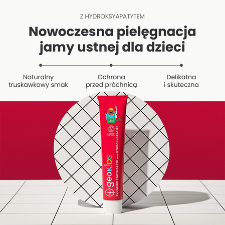 Georganics, GeoKids, Naturalna pasta do zębów dla dzieci, z Hydroksyapatytem i Fluorem, Smak truskawkowy, 3+, 75 ml
