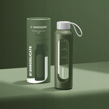 Wessper Butelka motywacyjna szklana z silikonem BOROSILICATE oliwkowa 1000 ml