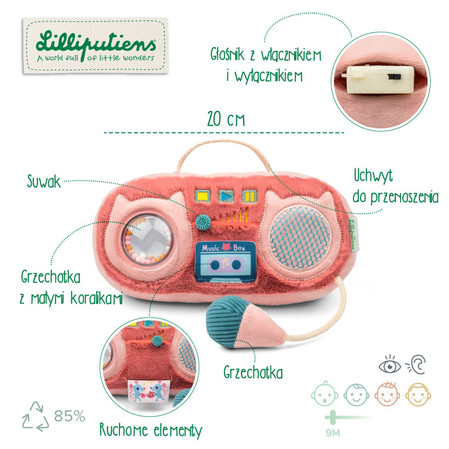 Lilliputiens Przytulanka aktywizująca do zabawy Radio Kotka Jeanne 9m+