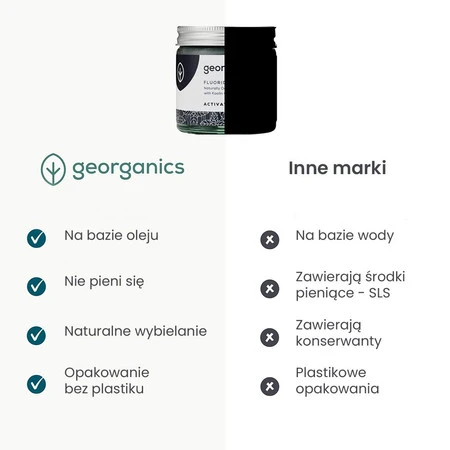 Georganics, Naturalna pasta do zębów w słoiku, do codziennej pielęgnacji, z fluorem i aktywnym węglem, 60 ml