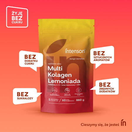 Zestaw Intenson: 1x Multi Kolagen Lemoniada Witamina C, Kwas Hialuronowy o smaku mango marakuja 220g i 1x Kreatyna Monohydrat smak mango-marakuja 260g