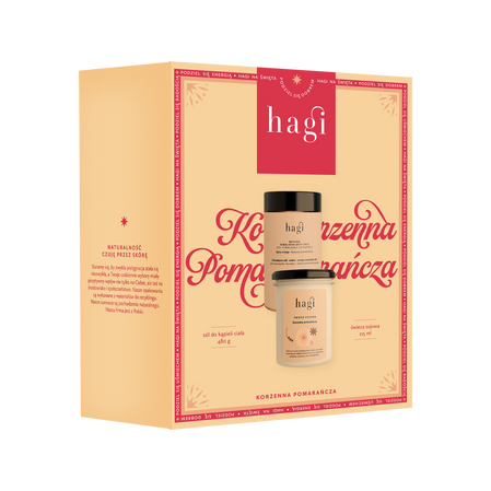  Hagi Zestaw prezentowy Korzenna Pomarańcza Świeca sojowa 215ml+Sól do kąpieli 480g
