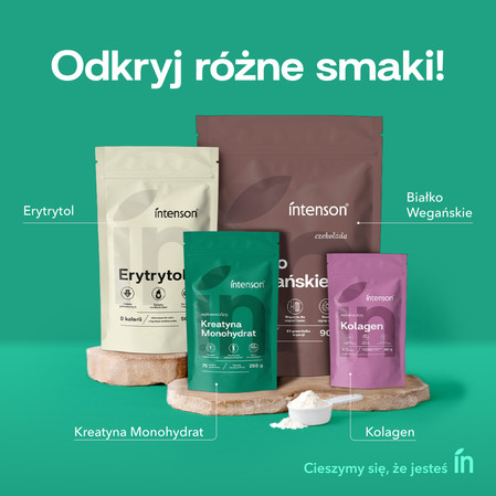 Zestaw Intenson Kreatyna: 1x Monohydrat 255g pure, 1x Monohydrat smak mango-marakuja 260g i 1x Monohydrat smak truskawka-arbuz 260g