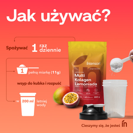 Intenson Multi Kolagen Lemoniada Witamina C, Kwas Hialuronowy o smaku mango marakuja 220g