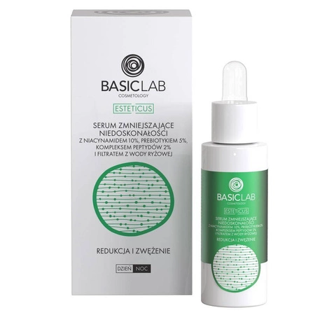 BasicLab Cosmetology - Serum zmniejszające niedoskonałości z 10% Niacynamidem, 5% Prebiotykiem, 2% kompleksem peptydów i filtratem z wody ryżowej 30 ml Nowość