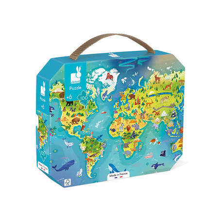 Janod Puzzle w walizce Mapa świata 100 elementów 6+ Made in France
