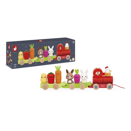 Zestaw drewniane klocki - pociąg z figurkami Farma dla dzieci, 12m+, Janod