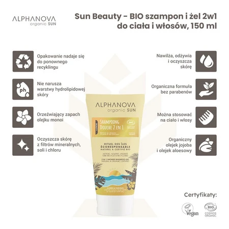 Alphanova Sun Beauty, Bio Szampon i żel 2w1 do ciała i włosów, 150 ml