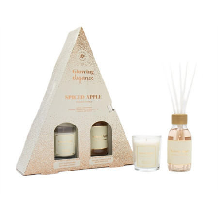 Glowing Elegance zestaw patyczki zapachowe Jabłko i Cynamon 95ml + świeca zapachowa Jabłko i Cynamon 120g