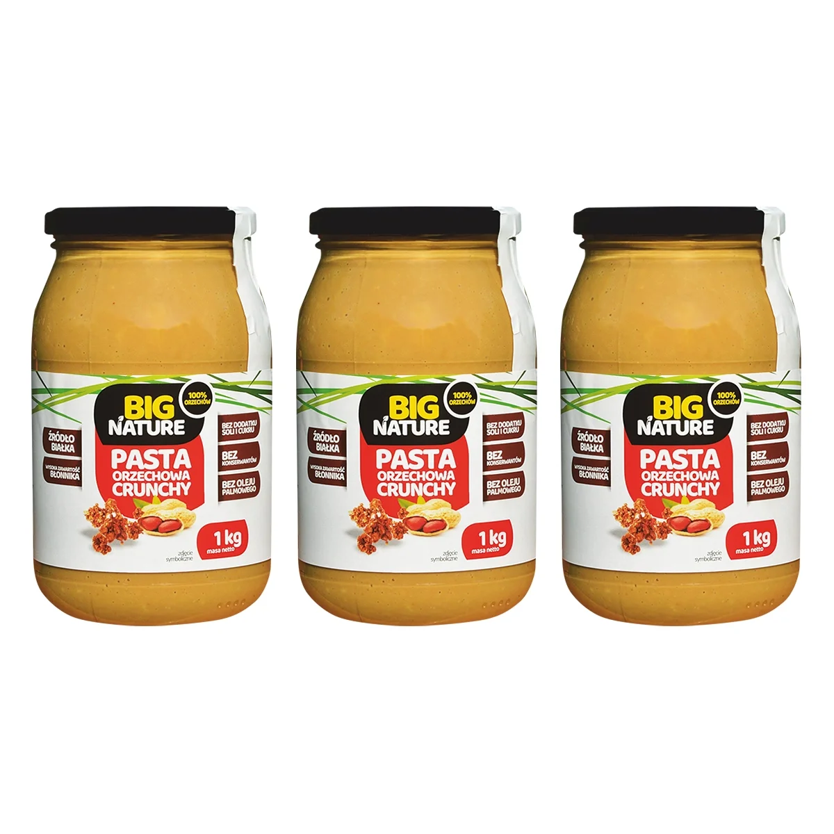 Zestaw 3x Big Nature Pasta orzechowa 100% crunchy 1kg - Nabea.pl