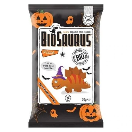 Chrupki kukurydziane Dinozaury HALLOWEEN o smaku pizzy BEZGL. BIO 50 g