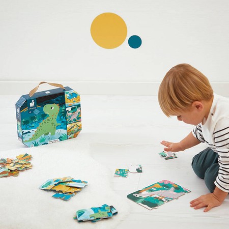 Janod Puzzle progresywne w walizce Dinozaury 4 układanki – 6, 9, 12 i 16 elementów 2+, Made in France (stary indeks: J02657)