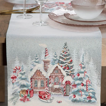Bieżnik świąteczny gobelinowy 45x140 cm – Chatka Świętego Mikołaja