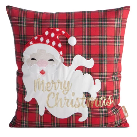 Poszewka świąteczna 45x45 cm – w kratę z haftem Mikołaja