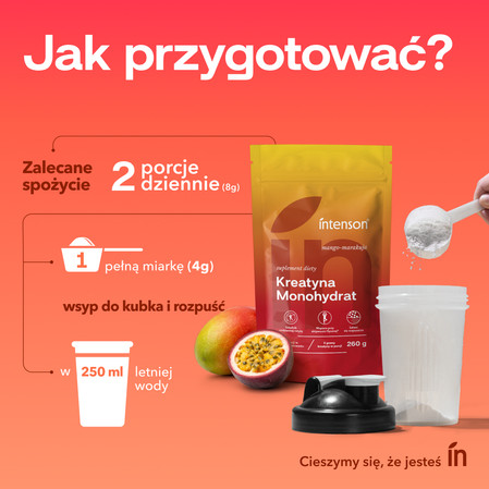Zestaw Intenson Kreatyna: 1x Monohydrat smak mango-marakuja 260g i 1x Monohydrat 255g pure