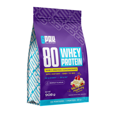 6PAK 80 WHEY PROTEIN odżywka białkowa WPC 908g smak biała czekolada z malinami