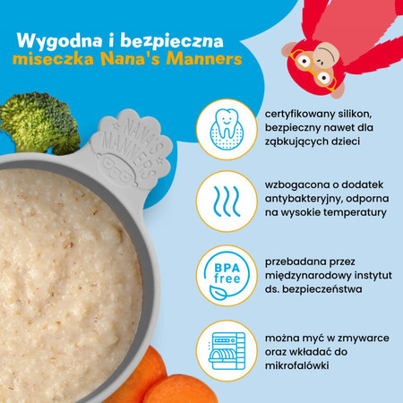Nana's Manners, ETAP 1, Miska silikonowa z przyssawką i uchwytem, szara