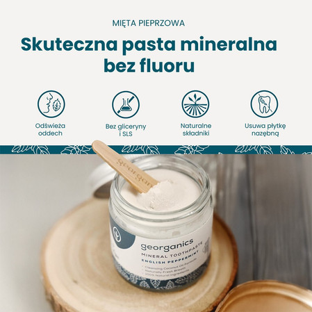 Georganics, Mineralna pasta do zębów w słoiku, bez fluoru, do codziennej pielęgnacji, smak mięty pieprzowej, 60 ml