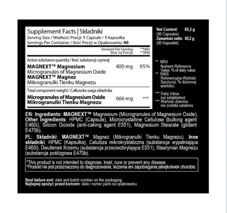Prime Next Generation MAGNEZ 400 mg na zmęczenie, mięśnie i układ nerwowy MAGNE MAX GOLD MAGNEXT™ 90 kaps. 90 dni stosowania