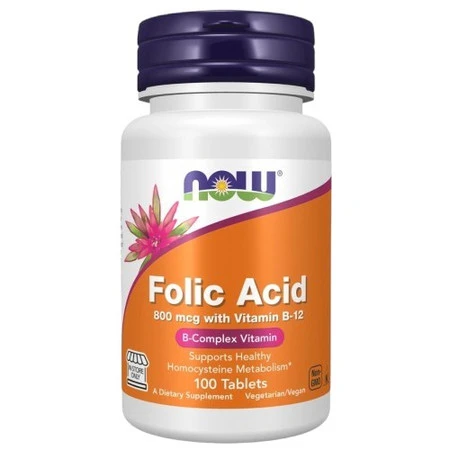 NOW FOODS Folic Acid - Kwas foliowy 800 mcg + Witamina B12 25 mcg 100 tabl.