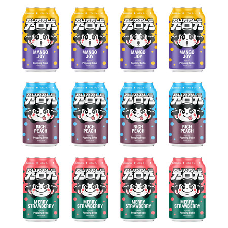 Zestaw mix smaków Popping Bubble Bob: 4x napój 330ml smak mango, 4x napój 330ml smak brzoskwinia i 4x napój 330ml smak truskawka