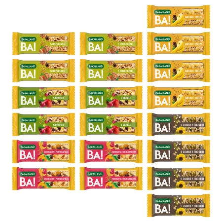 Zestaw mix smaków Bakalland BA! Baton zbożowy: 4szt. 5 bakalii 40g, 4szt. 5 orzechów 40g, 4szt. 5 ziaren z miodem 40g, 4szt. banan 40g, 4szt. żurawina i pomarańcza 40g