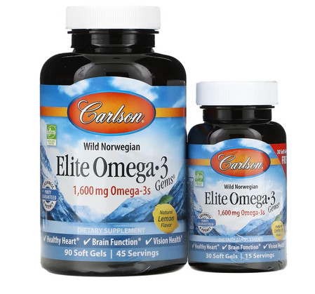 Carlson Labs Elite Omega 3 1600mg 90 + 30 kaps. smak cytryna